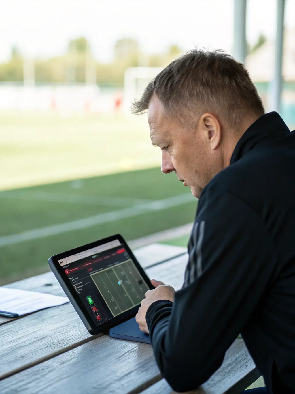 A focused image of a coach reviewing plays on a tablet, representing strategic lead qualification.
