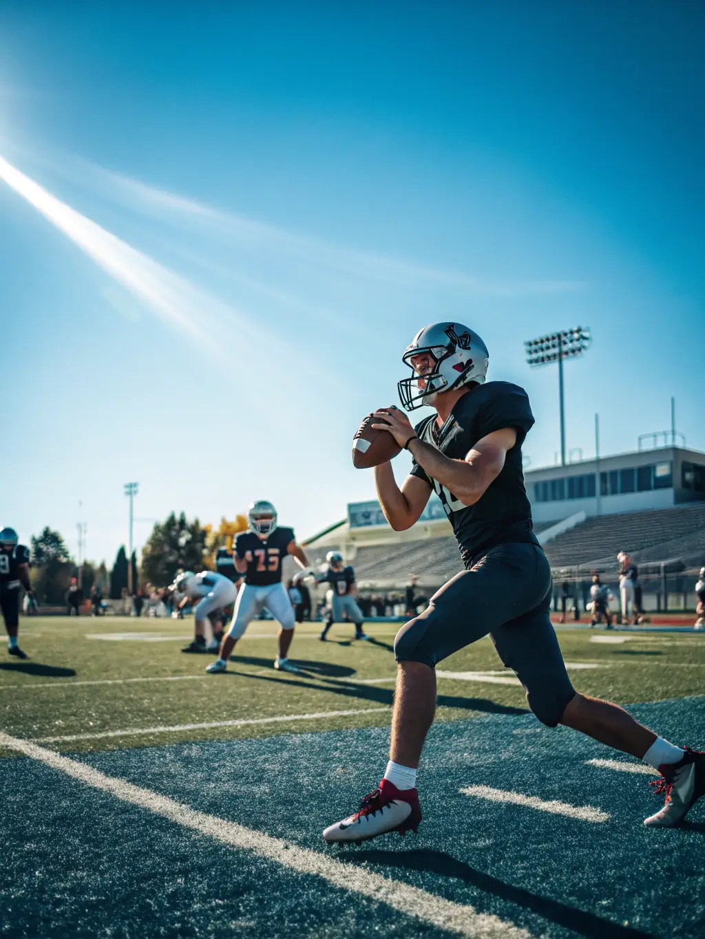 A high-energy image of a quarterback making a precise pass downfield, symbolizing targeted lead generation.