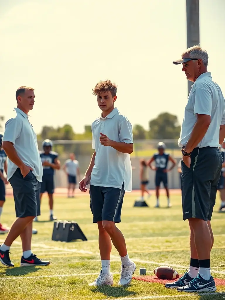 An image of a scout observing potential recruits at a combine, highlighting the process of targeted recruiting.