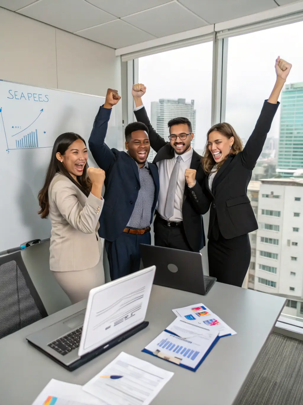 A focused image of a sales team celebrating a successful deal, highlighting the impact of targeted sales efforts and positive outcomes.