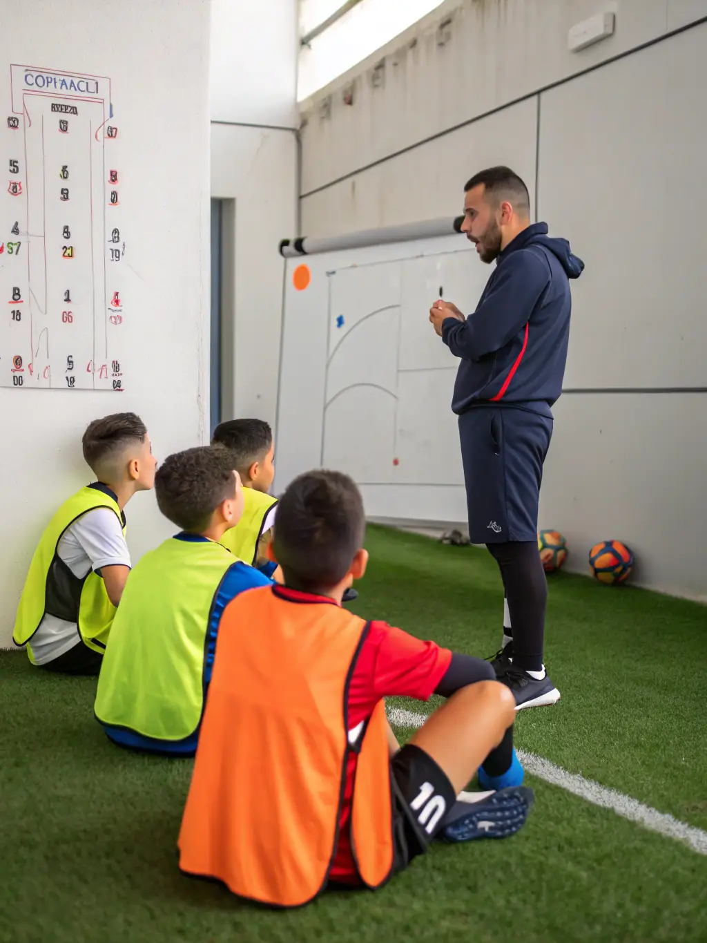A dynamic image of a football coach drawing plays on a whiteboard, surrounded by enthusiastic team members, symbolizing strategic planning and collaboration.