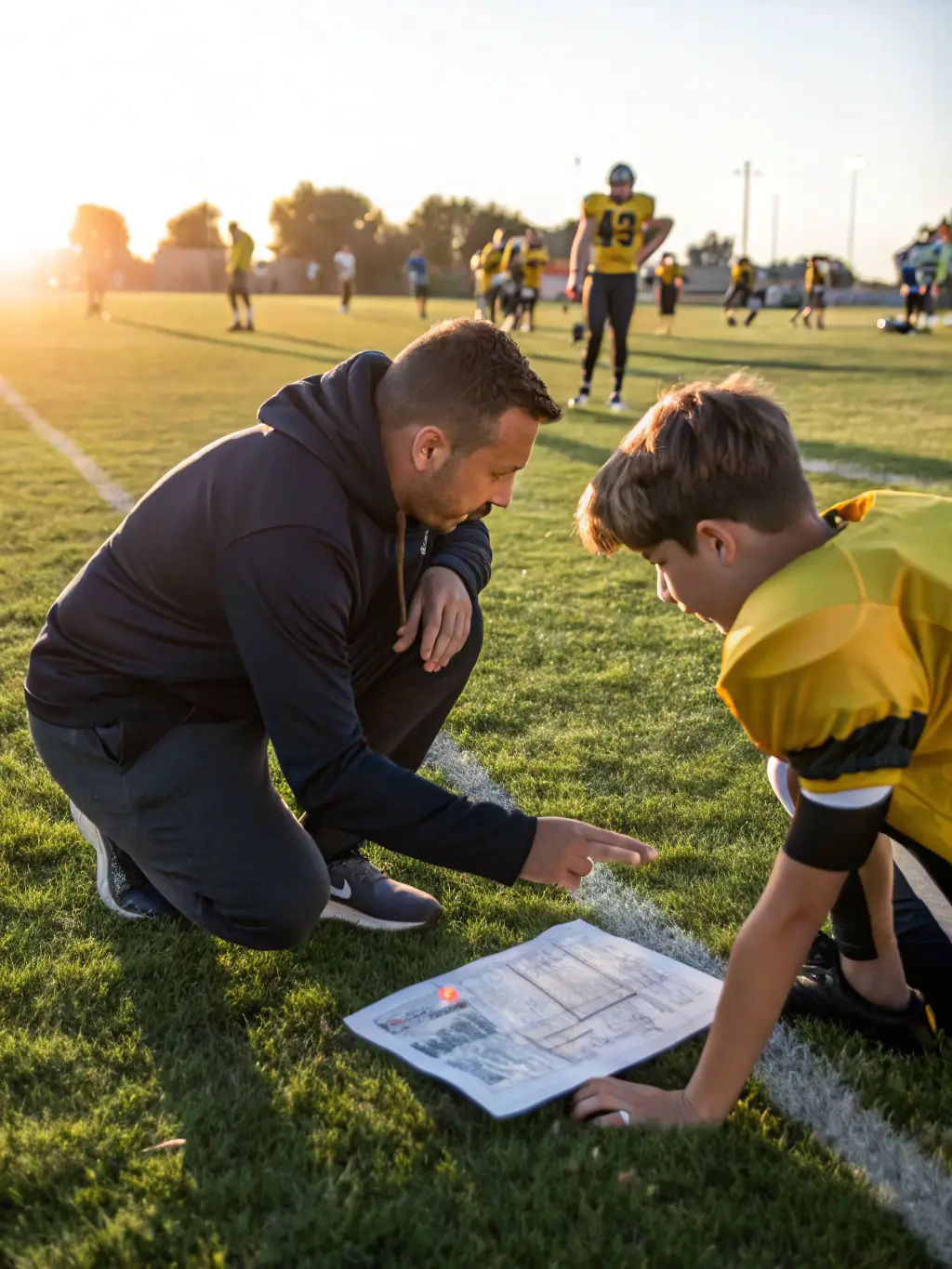 A photo of a coach intensely training a team on the field, focusing on technique and strategy, symbolizing sales team training.
