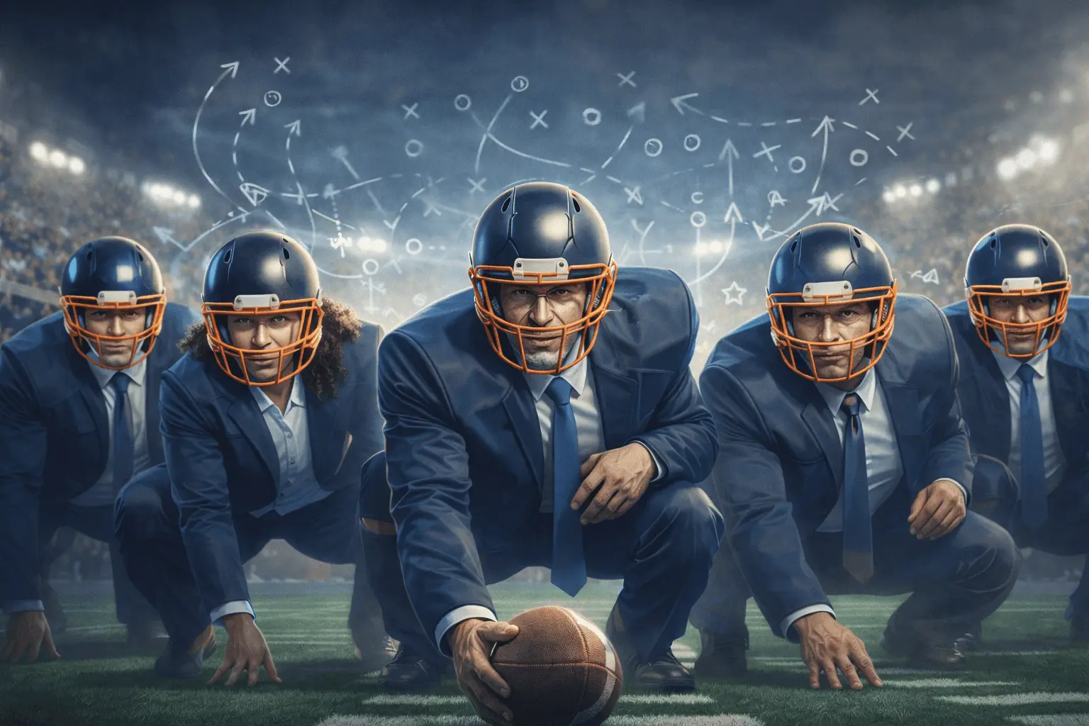 Embedded sales execution represented as a 12th man on a football sideline, actively supporting the team during live play.