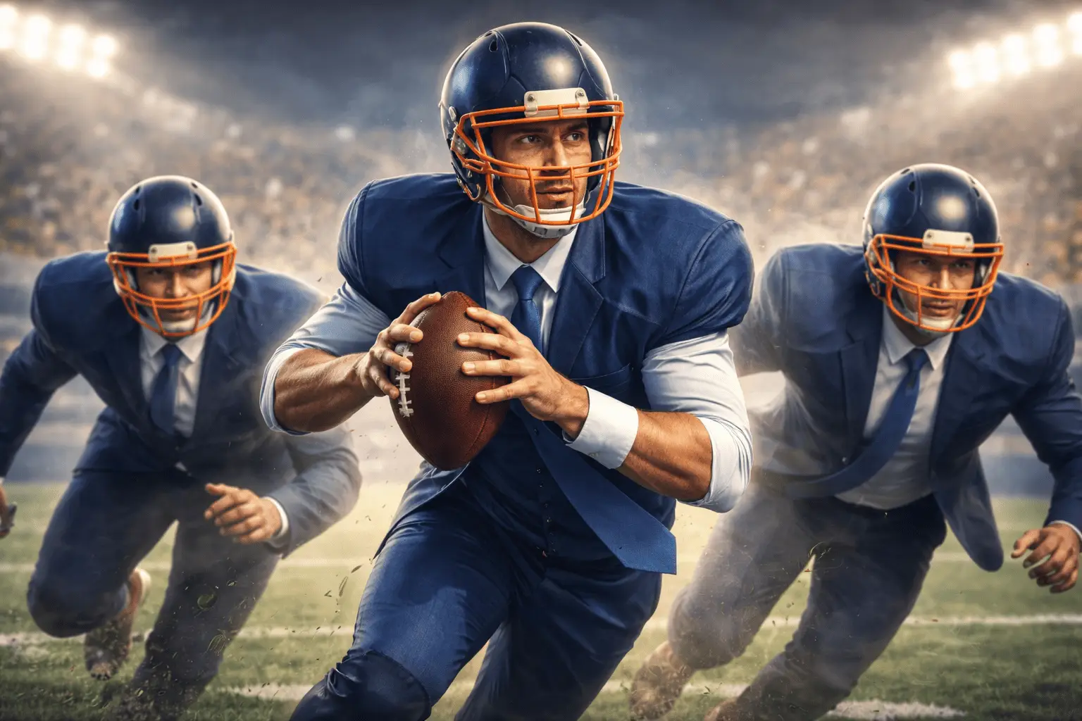 Embedded sales execution represented as a 12th man on a football sideline, actively supporting the team during live play.