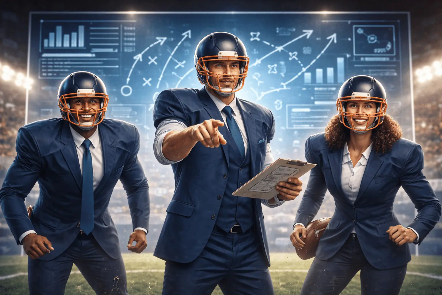 Embedded sales execution represented as a 12th man on a football sideline, actively supporting the team during live play.