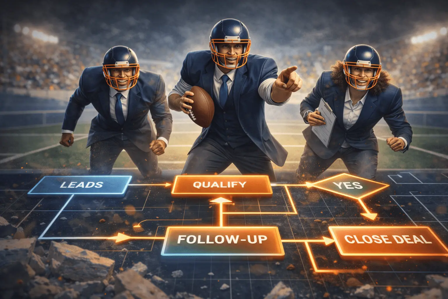 Embedded sales execution represented as a 12th man on a football sideline, actively supporting the team during live play.