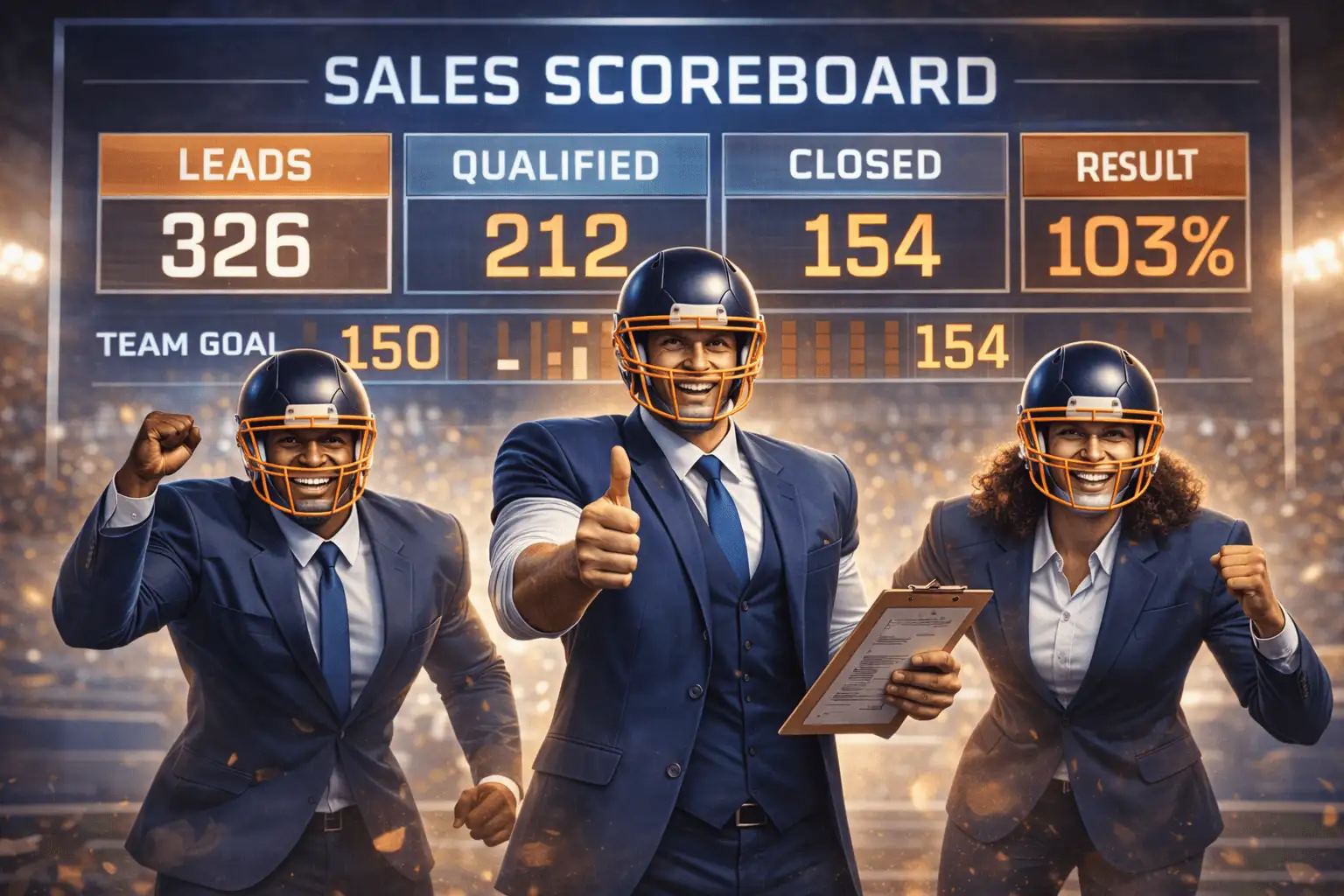 Embedded sales execution represented as a 12th man on a football sideline, actively supporting the team during live play.