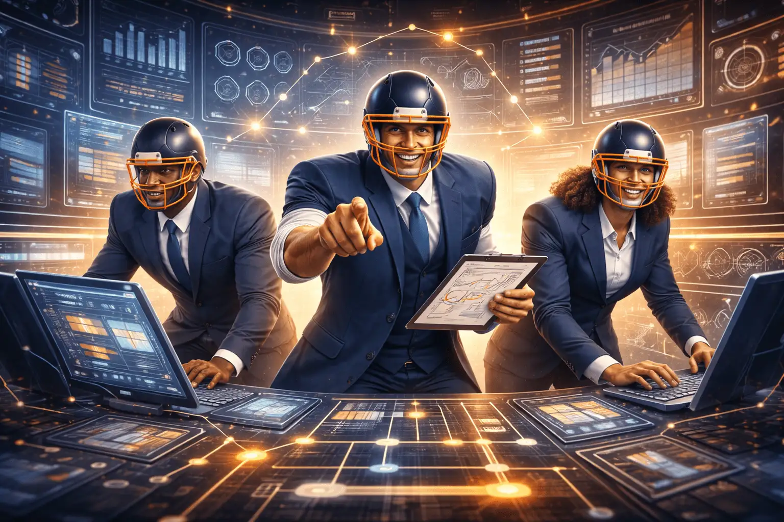 Embedded sales execution represented as a 12th man on a football sideline, actively supporting the team during live play.