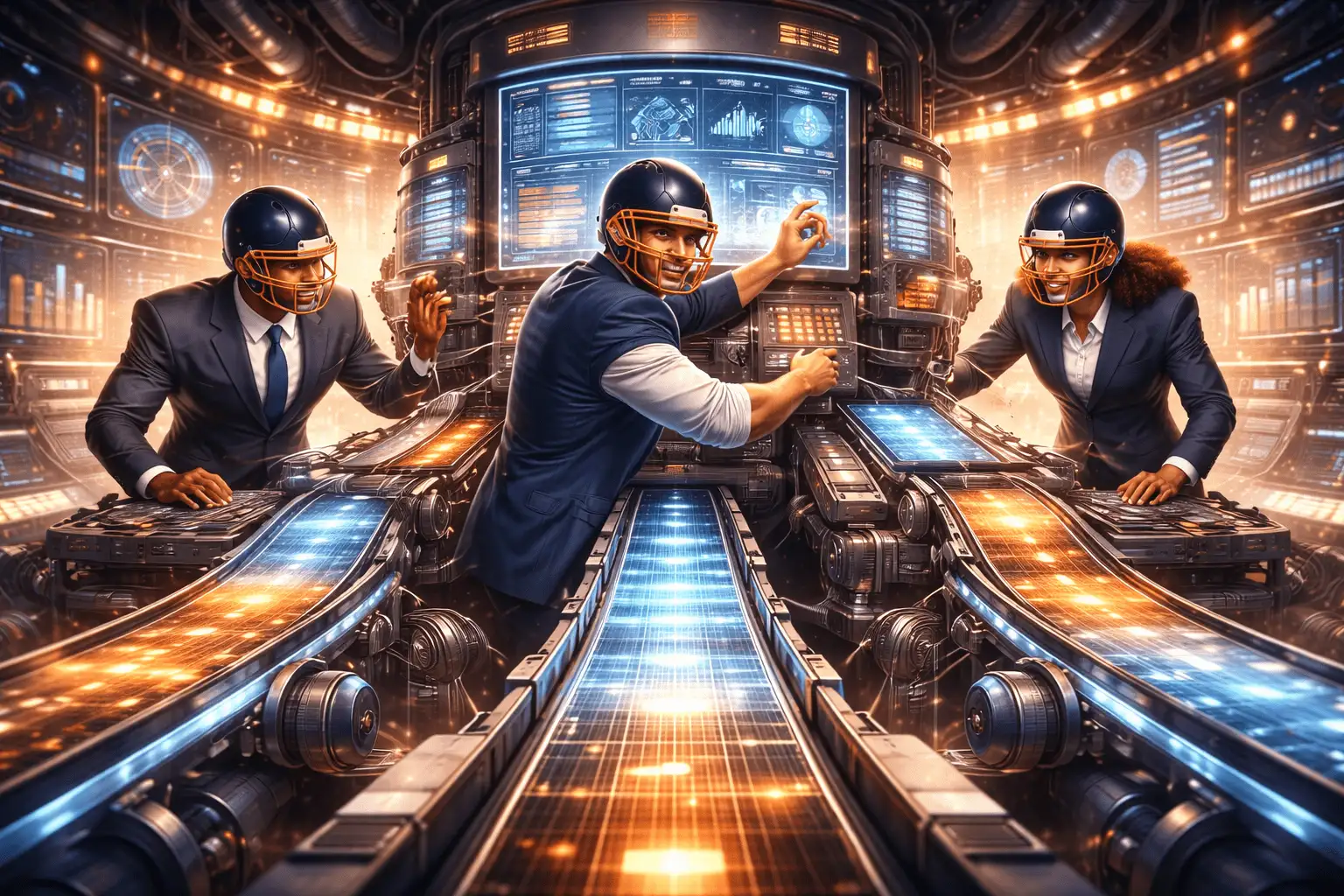 Embedded sales execution represented as a 12th man on a football sideline, actively supporting the team during live play.