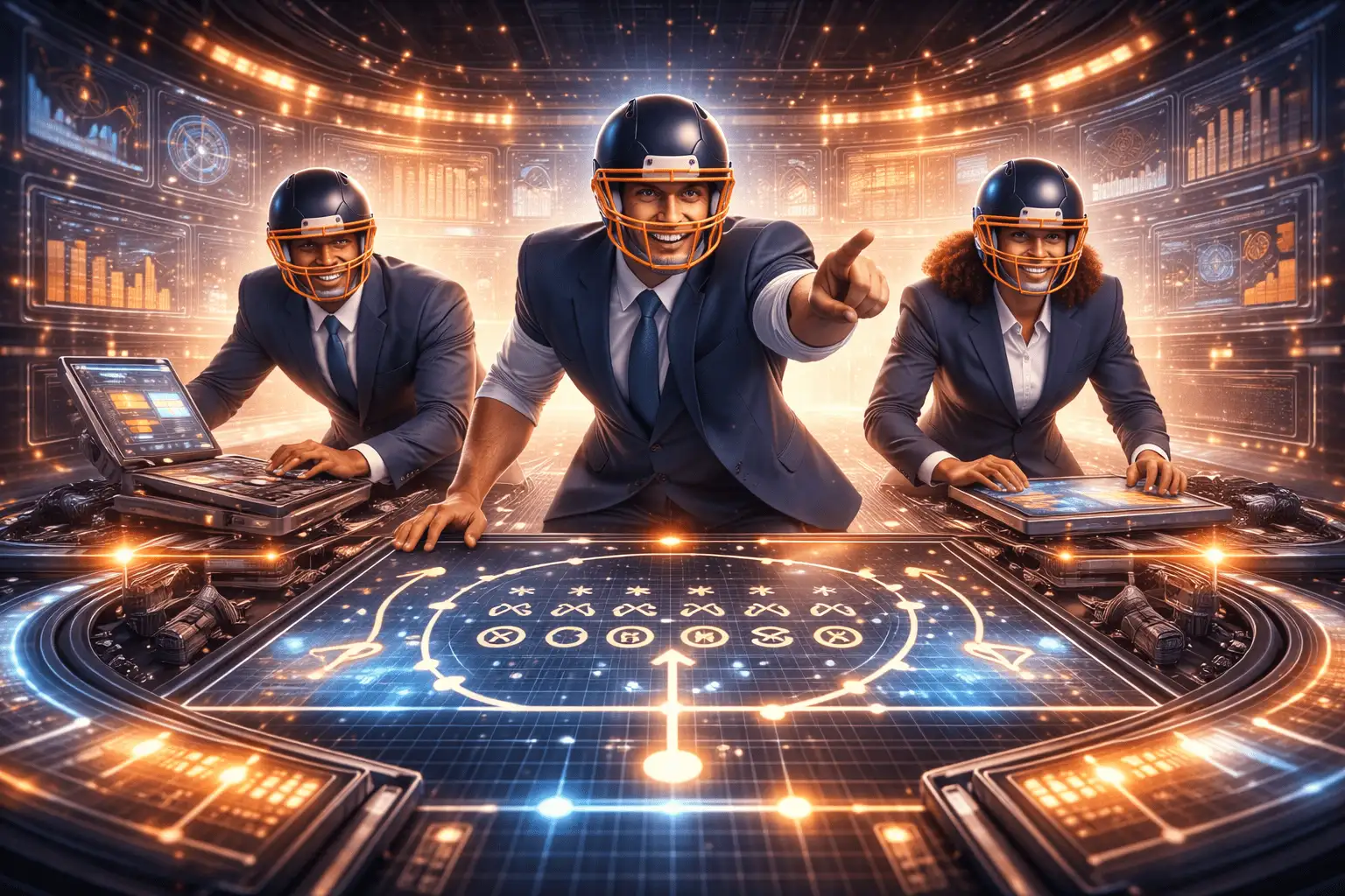 Embedded sales execution represented as a 12th man on a football sideline, actively supporting the team during live play.