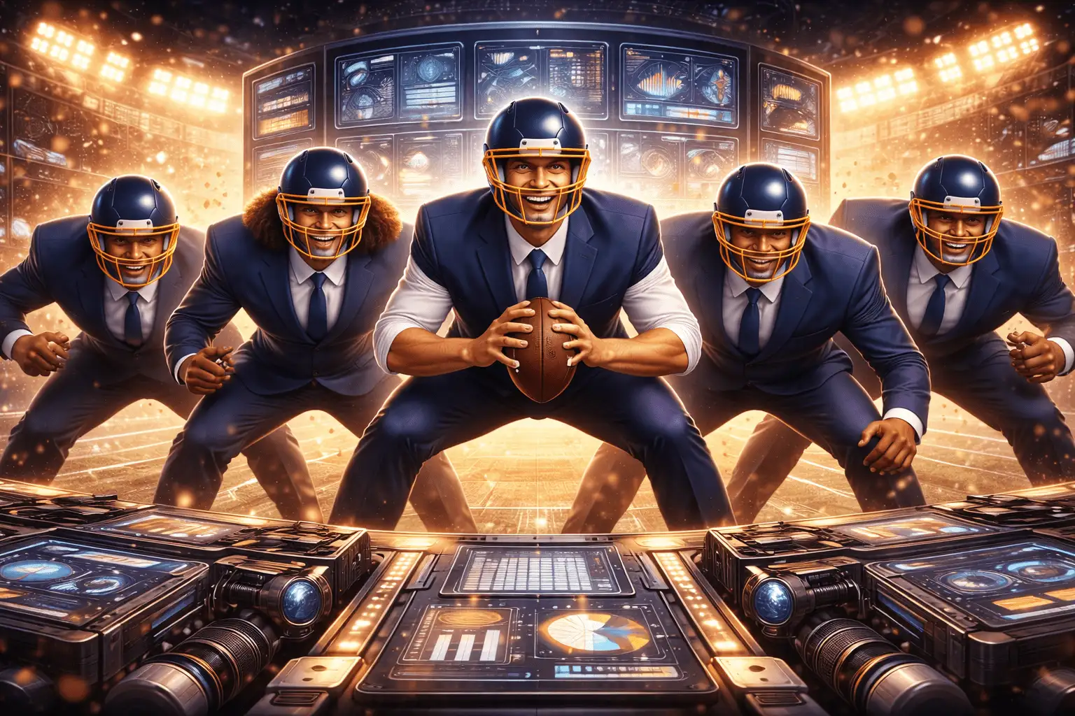 Embedded sales execution represented as a 12th man on a football sideline, actively supporting the team during live play.