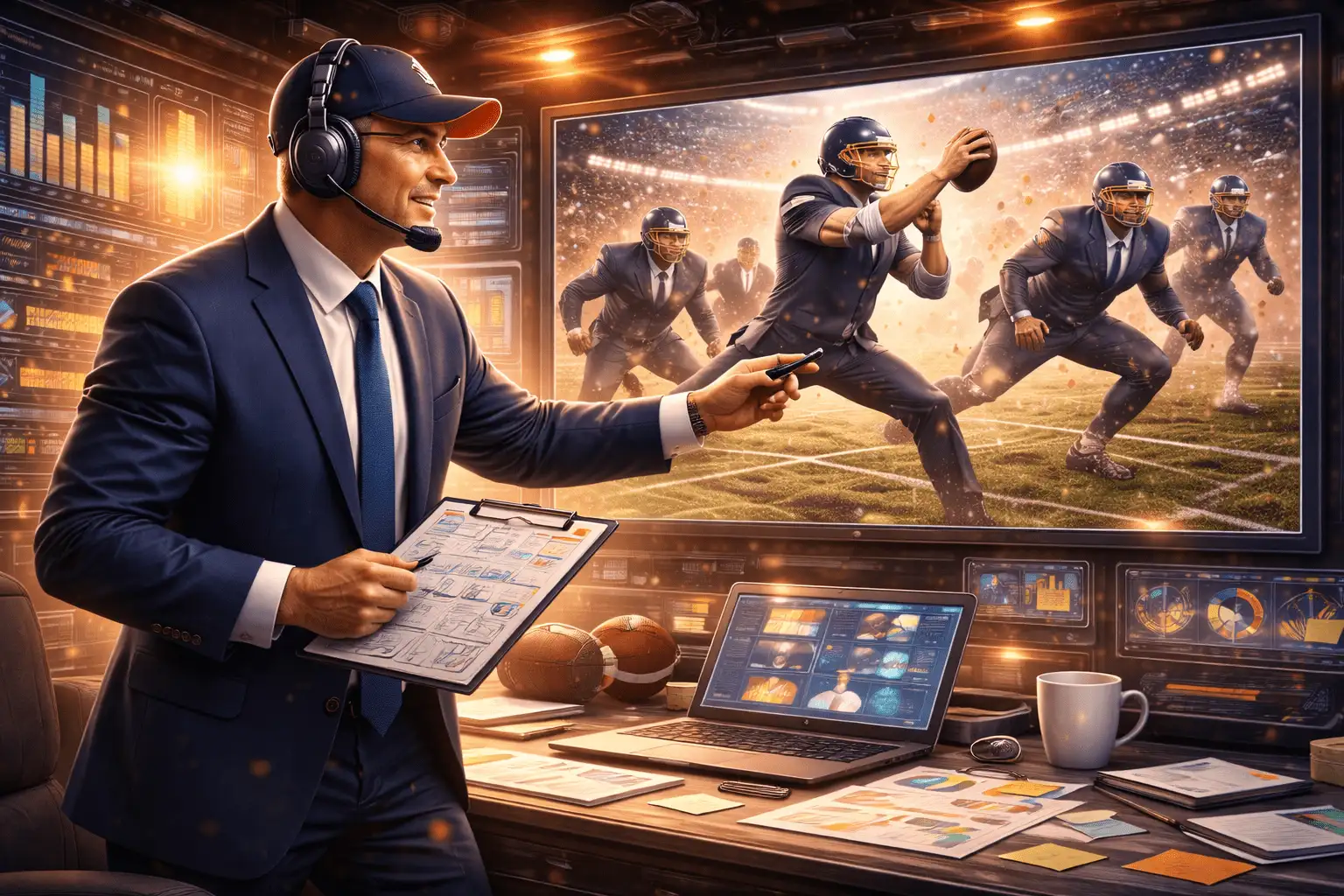 Embedded sales execution represented as a 12th man on a football sideline, actively supporting the team during live play.