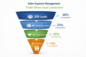 : "Sales expense management funnel showing trade show lead conversion from 200 leads to 2 customers"